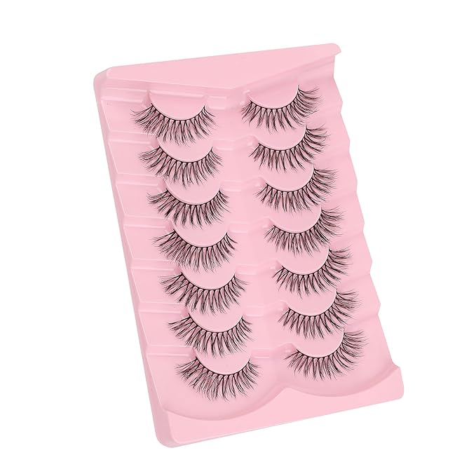 Eyelashes Natural 16mm Cat Eye Lashes Wispy C Curl Strip Lashes False Eyelashes Fluffy Eye Lash 3D Volume Wispy Eyelash Siligli Lash Pack 7 Pair