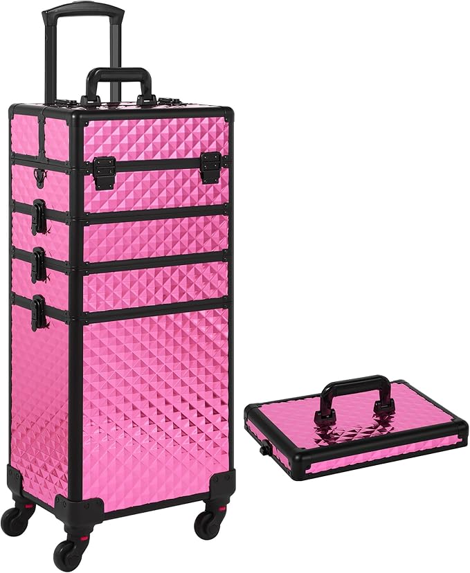 Rolling Makeup Case, Makeup Train Case with Lid, 5 in 1 Cosmetology Case on Wheels, Christmas Gift, Large Makeup Organizers, Profesional Cosmetic Case for Salon Barber, Rose Red