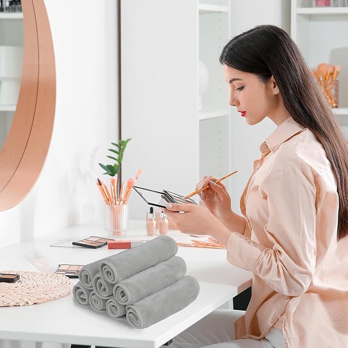 Nugilla Makeup Remover Cloths, 8 Packs Makeup Remover Towels Reusable Face Wash Cloth, Soft Makeup Remover Microfiber Face Cloth for Women(Light Grey)