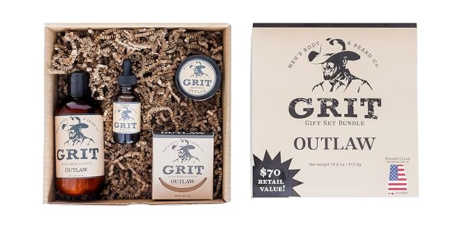 GRIT Boxed Gift Set Bundle Outlaw - Includes 1 Soap, 1 Lotion, 1 Beard Oil, and 1 Beard Balm | All Natural | Dye-Free Lotion | Enriched with Nourishing Goat Milk |