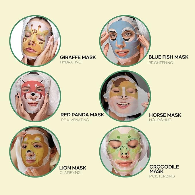 Epielle Animal Character Sheet Masks 12 Pack, Moisturizing & Hydrating Face Mask with Hyaluronic Acid & Fruit Extract, Korean Skin Care, Girls Spa Party Favors, Sleepover, Self Care Gifts for Women