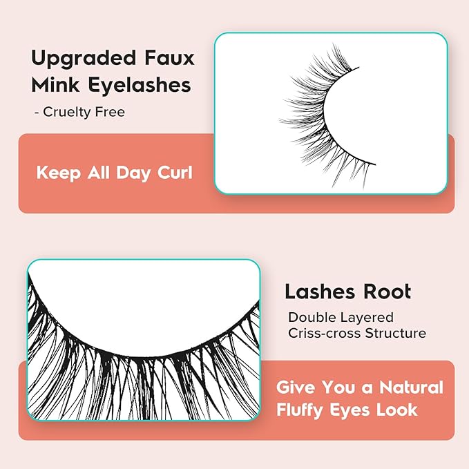 False Eyelashes Wispy Lashes Natural Look 12mm Cat Eye Eyelashes 3D Volume Natural Lashes 0.1MM Thin Band Strip Lashes Siligli Eye Lashes C Curl 7 Pair