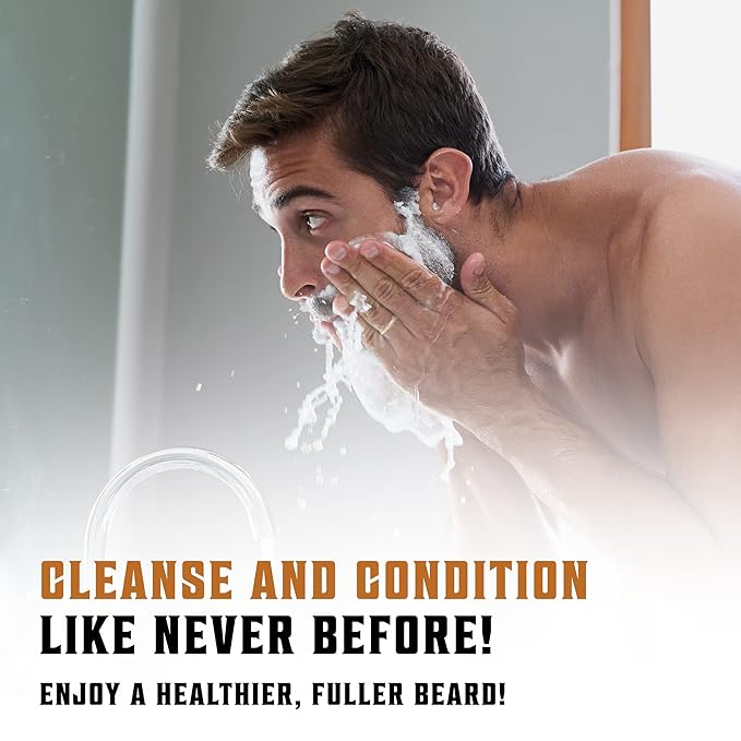 Beard Wash & Beard Conditioner Set w/Argan & Jojoba Oils - Softens & Strengthens - Natural Sandalwood Scent - Beard Shampoo w/Beard Oil (10oz)