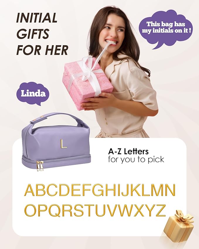 Personalized Makeup Bags, Personalized Bags with Handle, Waterproof Double Layer Cosmetic Bag, Large Capacity PU Leather Makeup Bags Letter Travel Toiletry Bag with Makeup Brush Organizer