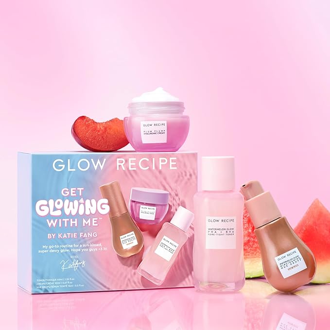 Glow Recipe Get Glowing With Me Kit by Katie Fang - PHA + BHA Face Toner & Gentle Face Exfoliant + Plum Plump Hyaluronic Acid Moisturizer Face Cream + Hue Drops Tinted Serum (3 Count)