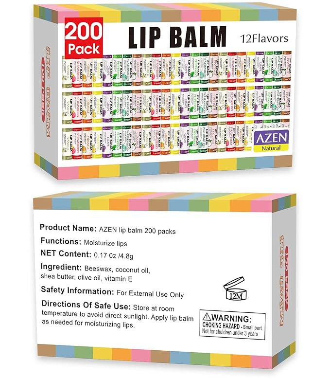 AZEN 200 Pack Lip Balm, Natural Lip Balm Bulk, Lip Care Product, Moisturizing Lip Balms for dry cracked lips - 12 Flavors
