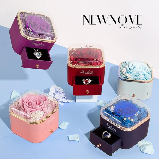 Preserved Real Blue Rose with Angle Wings Necklace, Forever Flowers Gifts for Mom Grandma Wife Girlfriend at Christmas Valentines, Anniversary Birthday Gifts for Women, I Love You Gifts for Her