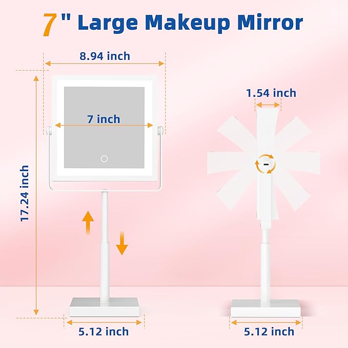 Ruacq Rechargeable Makeup Mirror, 4000mAh Lighted Makeup Mirror with Magnification 1X/10X, Height Adjustable Vanity Mirror with Lights, 3 Color Lights, Adjustable Brightness, 360°Rotation (White)