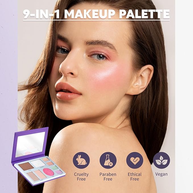Color Nymph 9 Colors Contour Blush Highlighter Set | 9-in-1 Makeup Palette, Travel Make Up Kit, Blush & Bronzer & Highlighter Makeup, Multi-Use Concealer Face Palette with Mirror, Vegan & Cruelty-Free