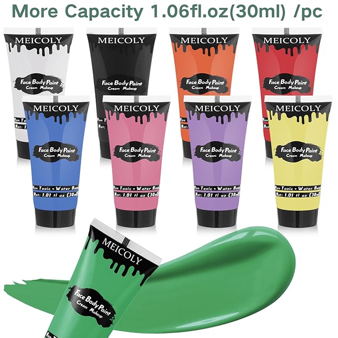 MEICOLY 9 Colors Face Body Paint Set,1.01x9oz/Box,Water Based Washable Face Paint for Adult Kid,Elphaba Green Face Paint,Safe Body Paint for Skin,Red White Blue Face Painting Kit for Halloween Makeup