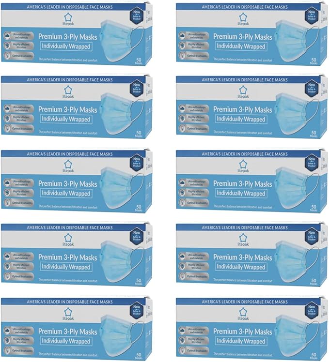 Litepak 500pcs Premium Disposable Face Mask SOFT 3ply Nose Wire