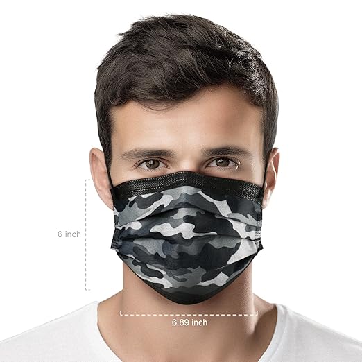 CSD Colo 30 Pcs Black Camo Disposable Face Masks, 3 Ply Adult Mask with Elastic Ear Loop, Nose Bridge Clip, Breathable Comfortable Mask Great for Indoor, Outdoors Use (Shadow Black Camo)