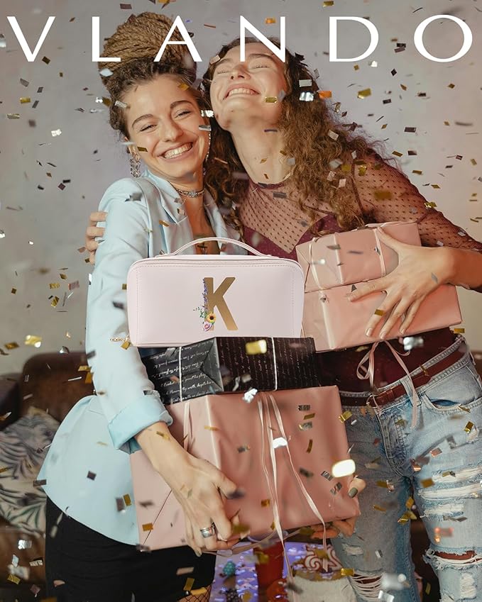 Vlando Preppy Makeup Bag, Monogrammed Gift for Women, PU Leather Travel Toiletry Bag for Women Traveler(Letter K)