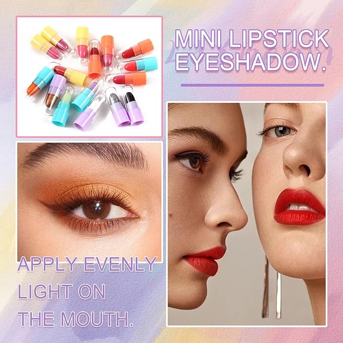 16PCS Mini Lipstick & Eyeshadow Stick Set, Multi Colored Ultra Matte Color Changing, Magic Glitter, Long Lasting Waterproof Capsule Pills