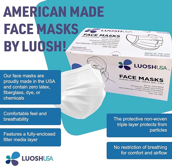Luosh Face Masks Disposable Made in USA, 3 Ply Disposable Masks 50pcs,Adult Mask, Kids Mask, Black Masks, White Masks