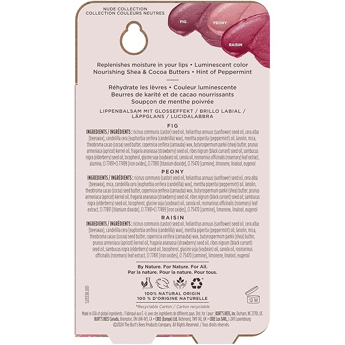 Burt's Bees Christmas Gifts, Lip Shimmer Nude Collection, Tinted Lip Balm Stick, Moisturizing for Hydration with Natural Glowy Pigmented Finish & Buildable Color, Value Pack, 3 Tubes x 0.09 Oz