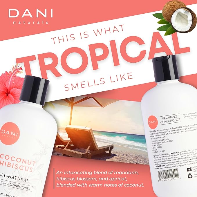 DANI Naturals Conditioner – Coconut Hibiscus, Strengthening & Hydrating for Dry or Damaged Hair, Lightweight & Nourishing, Vegan & Color-Safe, 12 oz