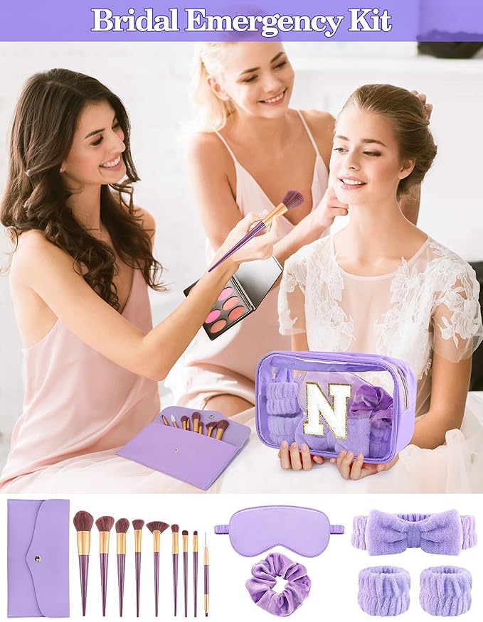 Gift Sets for Women, Initial Makeup Bag with Makeup Brush Set Bachelorette Party Favors, Purple Spa Kit with Skincare Headbands Wrist Bands Sleepover Party Supplies Gifts for Teen Girls Bridesmaid N