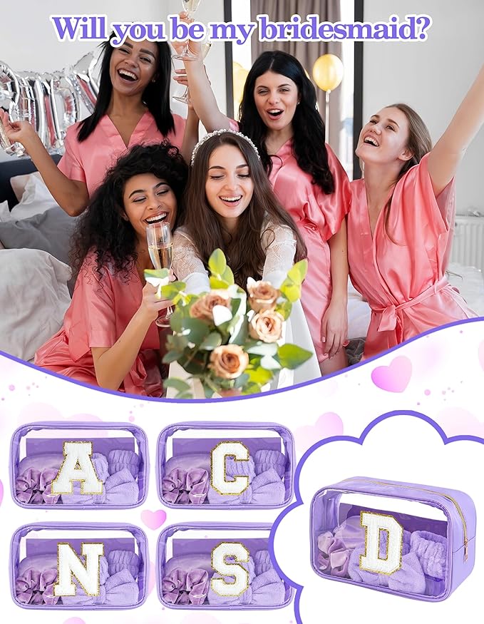 Gift Sets for Women, Initial Makeup Bag with Makeup Brush Set Bachelorette Party Favors, Purple Spa Kit with Skincare Headbands Wrist Bands Sleepover Party Supplies Gifts for Teen Girls Bridesmaid D