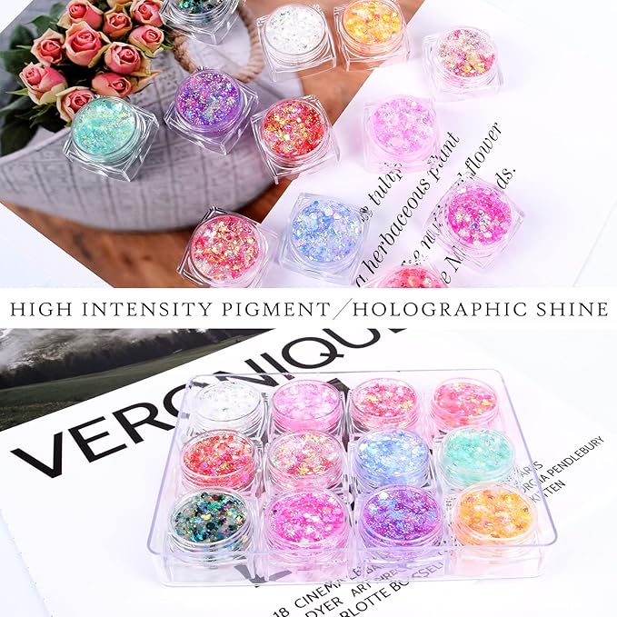 Ownest 12 Colors Holographic Chunky Glitter Gel Set, Christmas Party Makeup Face Body Eye Lips Hair Nail Cosmetic Festival Chunky Glitter Eyeshadow, Mixable, No Need Glue