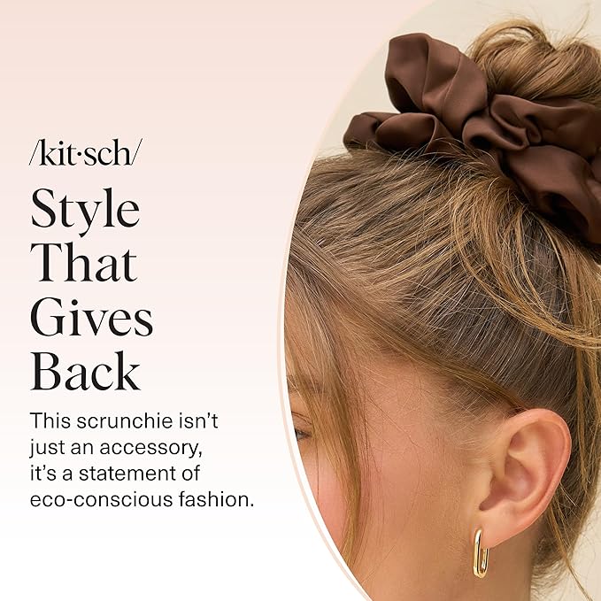 Kitsch Recycled Satin Oversized Scrunchies – Large Hair Scrunchies for Women, Eco-Friendly Hair Ties & Ponytail Holders | Ideal Gifts for Women - Black & Chocolate, 2pcs
