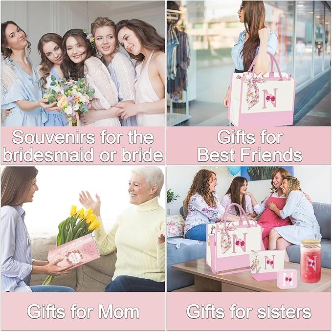Monogrammed Gifts for Women,Personalized Gifts for Women,Initial Canvas Tote Bag,16oz Initial Glass Cup,Initial Makeup Bag,Initial Jewelry Organizer Box,Birthday Gifts for Aunt Niece-N