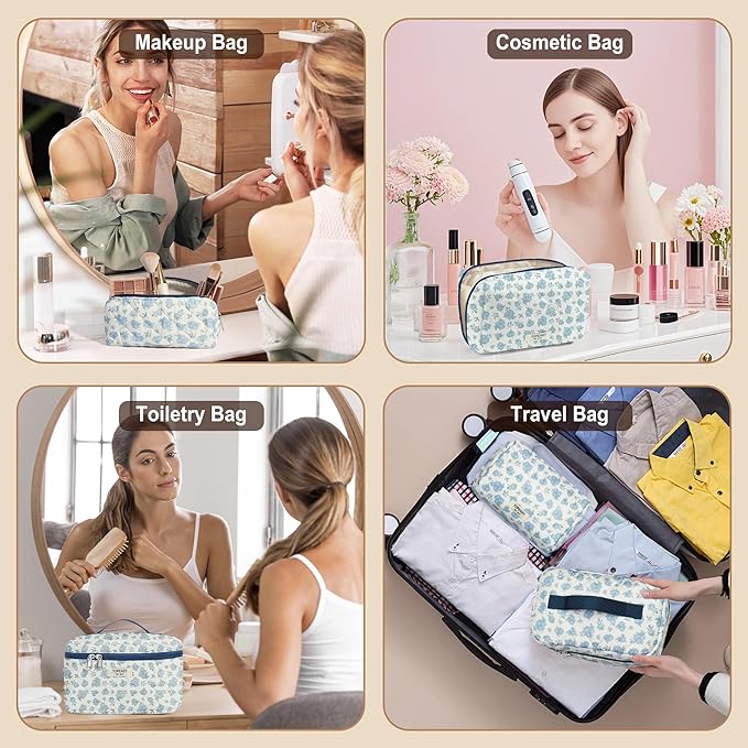 TOPEAST Makeup Bag for Women Girl, 3Pcs Large Cotton Travel Make up Bags, Cute Quilted Floral Cosmetic Pouch with Zipper, Potable Brushes Toiletry Bag Sets, Blue Floral
