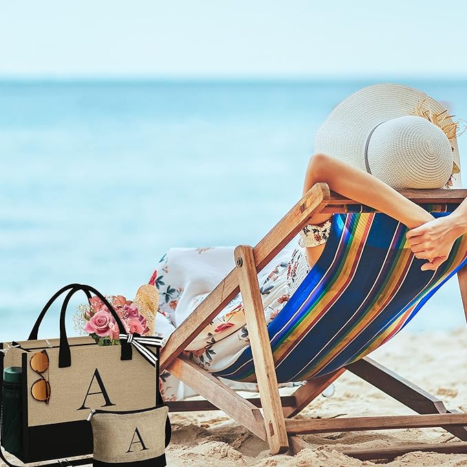 YOOLIFE Personalized Gifts for Women - Initial Jute Tote Bag & Makeup Bag, Birthday Gifts for Women Mom Wife Teacher Friend