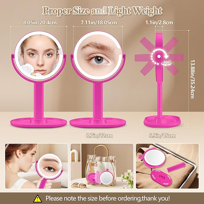 Makeup Mirror with Lights, Double Sided 1x/20x Magnifying Mirror with Light, Rechargeable 3 Color Lights and Adjustable Brightness, 360° Rotation Detachable Comes with Tweezer(Hotpink)