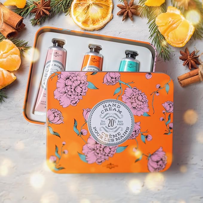 La Chatelaine Hand Cream Trio Tin, Holiday Gift Set, Natural Hand Lotion, Made in France with 20% Organic Shea Butter, Nourishing (Gardenia or Coconut Milk, Orange Blossom, Oud Rose) 3 x 1 fl. oz
