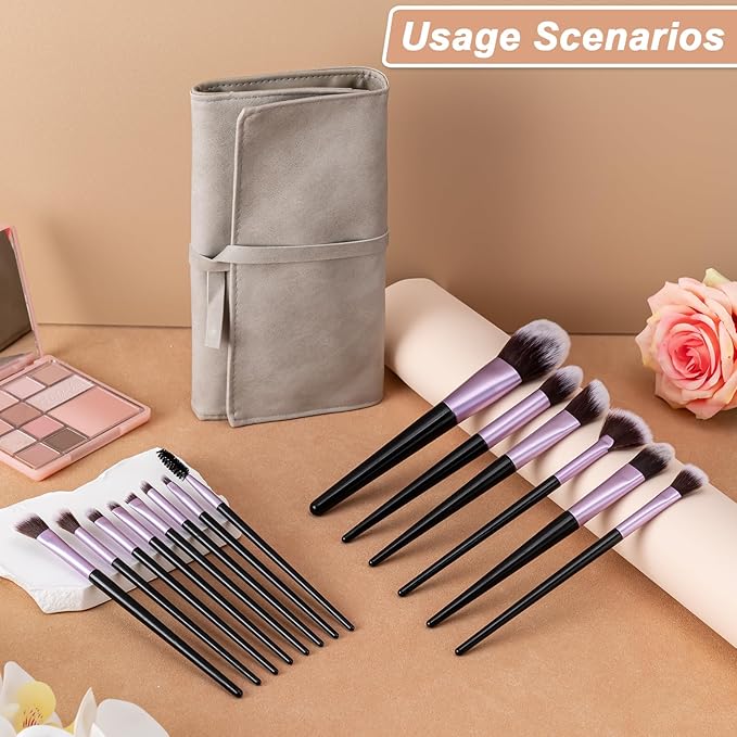 Makeup Brushes, 14 Pcs Professional Makeup Brush Set, Eye and Face Foundation Brush Set, Eyeshadow Brushes, Cosmetic Brushes, with PU Bag, Pale Purple