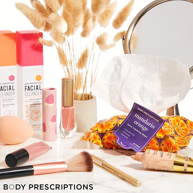 Body Prescriptions Makeup Remover Wipes - Bulk Pack, Gentle Cleansing Wipes for Easy Makeup Removal, Mandarin, Orchid, Grapefruit, & Jasmine Tea