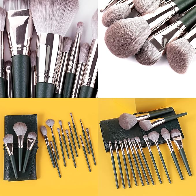 Makeup Brushes With Bag 14PCs Professional Makeup Brush Set,Premium Synthetic Foundation Concealer Powder Blush Eyeshadow Eyebrow Blending Travel Make Up Brushes (Green)