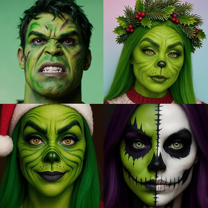BADCOLOR 3PCS Black White Orge Green Face Body Paint Stick Makeup for Frankenstein/Witch/Grinch/Hulk/Alien/Demon/Evil Clown SFX Cosplay & Dress Up, Full-Coverage Halloween Facepaint Makeup Kit