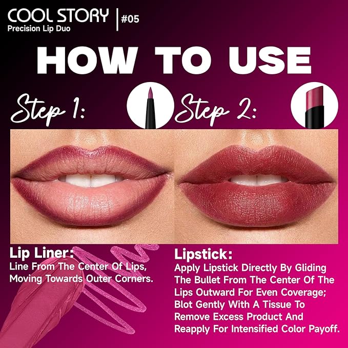 COOL STORY 2 Piece Lip Liner and Lipstick Set, Long Lasting Formula, Professional Makeup Kit (05)
