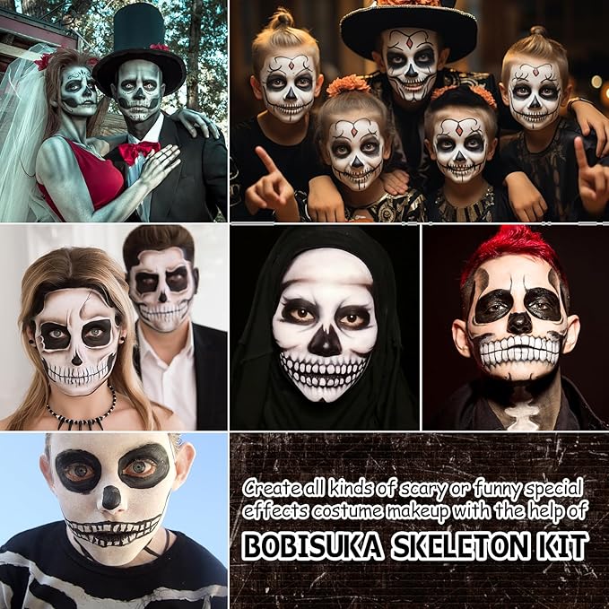 Halloween Skeleton Makeup, Complete Skeleton/Skull Makeup Kit Face Paint SFX Character Set, Professional Skeleton Make Up Kit for Costume Art Cosplay Dress-Up Party for Kids & Adults