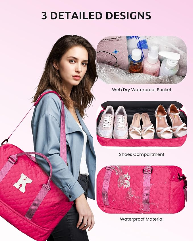 Women Gift, Teen Gifts for Girls-Initial Travel Bag with Shoe Compartment, Personalized Weekender Bag, Monogram Overnight Bag for Women, Letter Travel Bag with Makeup Bag (Letter A)