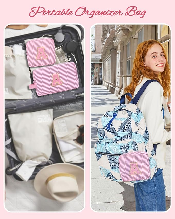 MONSTINA Travel Makeup Bag for Women,Make Up Pouch for Girlfriend Bridesmaid Wife,Birthday Gift for Her Cute Monogram Cute Initial Toiletry Bag Set,2PCS Pink H