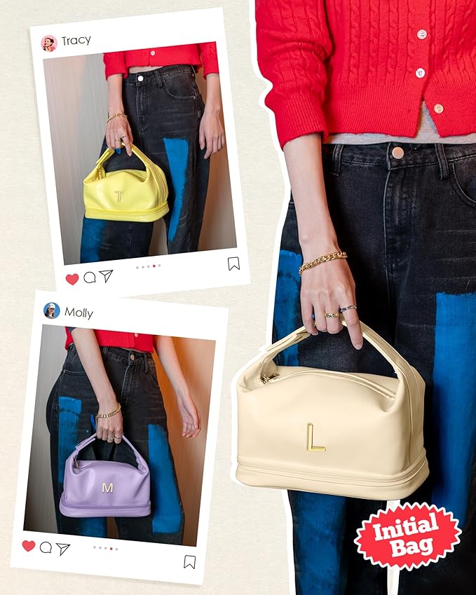 Personalized Makeup Bags, Personalized Bags with Handle, Waterproof Double Layer Cosmetic Bag, Large Capacity PU Leather Makeup Bags Letter Travel Toiletry Bag with Makeup Brush Organizer