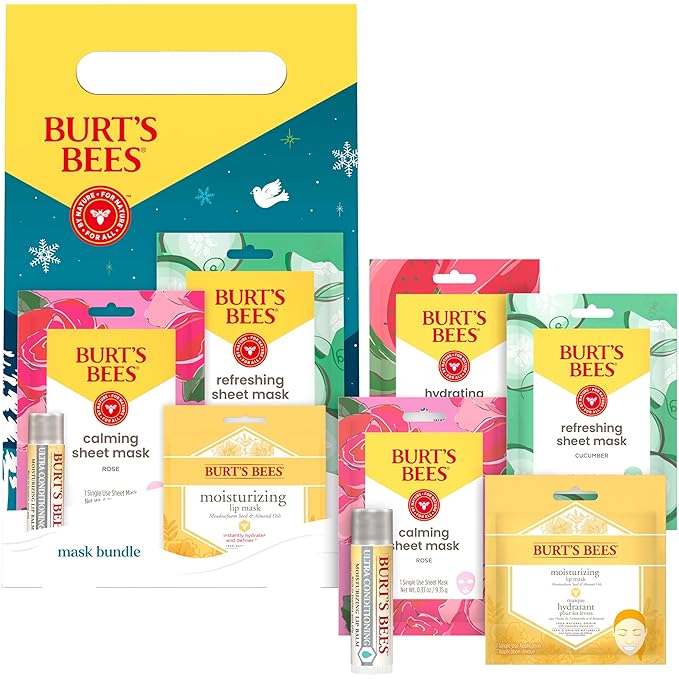Burt’s Bees Mask Bundle Gift Set; , Ultra Conditioning Lip Balm and Moisturizing Lip, Refreshing Sheet and Calming Sheet Masks; Festive Packaging; 1 Gift Set (Pack of 6)