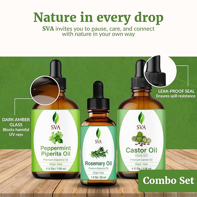 SVA Castor Oil 4oz, Peppermint Essential Oil 4oz and Rosemary Essential Oil 1oz Bundle Super Saver Combo – Premium Grade Value Set for Scalp Massage, Hair Care, Skin Care, Body Massage & Aromatherapy