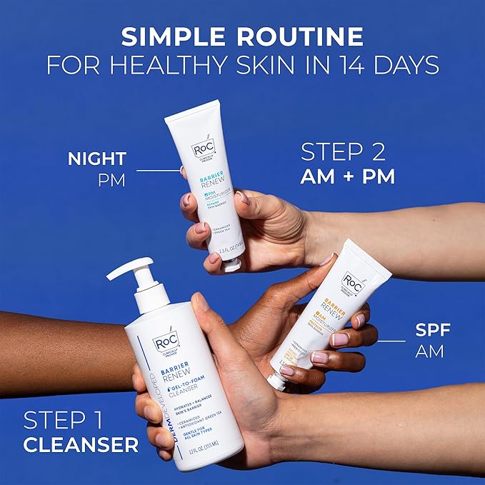 RoC Barrier Renew Bundle: Night Moisturizer, 2.5oz + Day Cream with SPF 30, 2.5oz + Barrier Renew Gel to Foam Non Drying Cleanser, 12oz