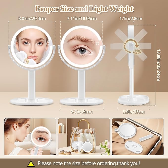 Makeup Mirror with Lights, Double Sided 1x/30x Magnifying Mirror with Light, Rechargeable 3 Color Lights and Adjustable Brightness, 360° Rotation Detachable Comes with Tweezer(White)