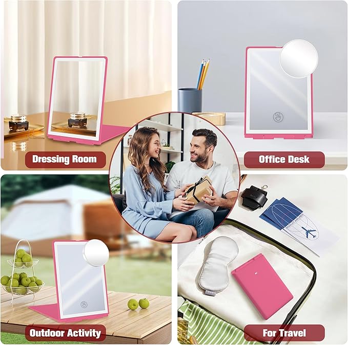Travel Makeup Mirror with Light, Rechargeable Portable Folding Compact Mirror Set with Tweezer, Lighted Makeup Mirrors with 72 LED 3 Color Light Modes, Dimmable Touch Screen LED Mirrors-Rosy