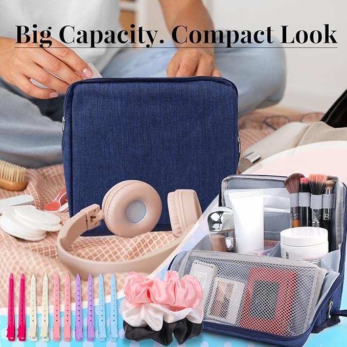 Standing Makeup Bag Gift Set โ Large Travel Cosmetic Organizer That Supports Mirror or Phone โ Includes 3 Silk Scrunchies & 10 Duckbill Hair Clips โ Great Gift for Women & Girls (NAVY BLUE)