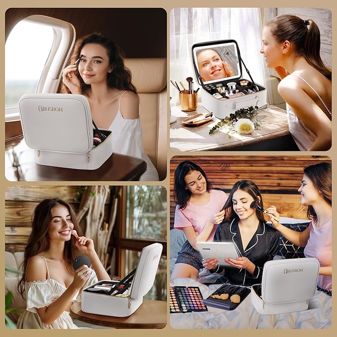 JUSRON Travel Makeup Bag With LED Mirror, Cosmetic Train Case with Light up Mirror, Portable Makeup Artist Organizer Bag with Adjustable Dividers, Makeup Brush Holder Storage (White, Medium)