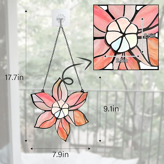 Stained Glass Window Hanging - Pink Flowers Suncatchers for Windows Hanging Floral Sun Catcher for Plant Lovers Anniversary Love Gift