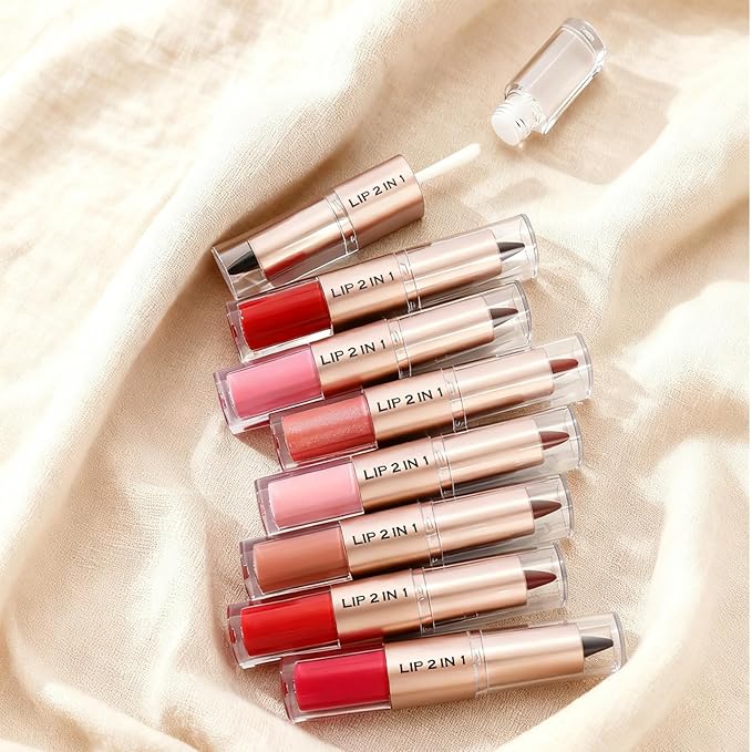 2-in-1 Dual-Ended Lip Liner Lipstick & Gloss Set, Lip Combo with Mirror Effect, Smooth Matte Lip Liner and Moisturizing Lightweight Lip Plumping set for Women, 01 Nude Beige