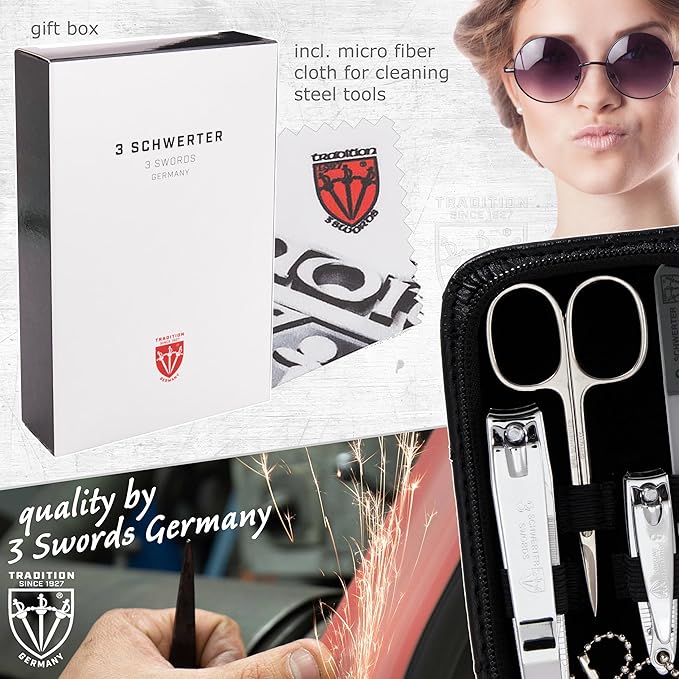 3 Swords Germany - brand quality 8 piece manicure pedicure grooming kit set for professional finger & toe nail care scissors clipper fashion leather case in gift box, Made in Solingen Germany (22009)