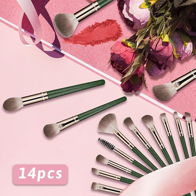 Makeup Brush Set, Premium Synthetic 14 Pcs Makeup Brushes, Travel Makeup Brush Set for Foundation, Concealer, Blush and Eyeshadow Brush(Green)
